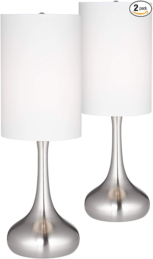 360 Lighting Modern Industrial Droplet-Shaped Table Lamps 24.5" High Set of 2 Brushed Steel Silver Metal White Cylinder Shade Decor for Living Room Bedroom House Bedside Nightstand Home