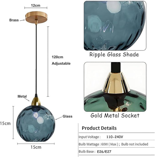 15cm/5.9’’ Industrial Vintage Spherical Glass Pendant Light, E26 Ceiling Hanging Lamp, Gold Finish & Ripple Glass Globe Shade, Dining Room Bedroom Chandelier (Dark Blue)
