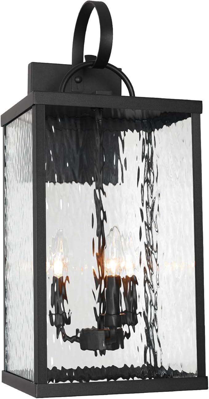 Large Outdoor Wall Light Fixture, 24" Modern Exterior Wall Lantern with Water Ripple Glass, Matte Black Waterproof Wall Sconce Porch Light for Patio, Garage, Front Door, Garden, Yard, Entryway