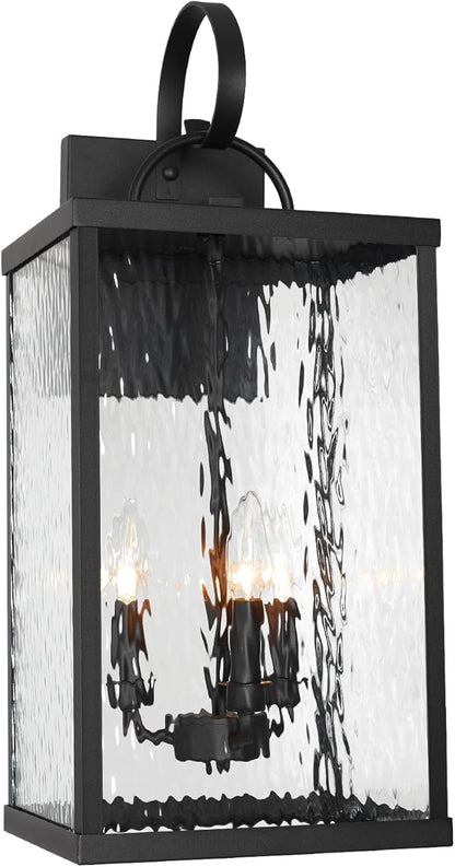 Large Outdoor Wall Light Fixture, 24" Modern Exterior Wall Lantern with Water Ripple Glass, Matte Black Waterproof Wall Sconce Porch Light for Patio, Garage, Front Door, Garden, Yard, Entryway