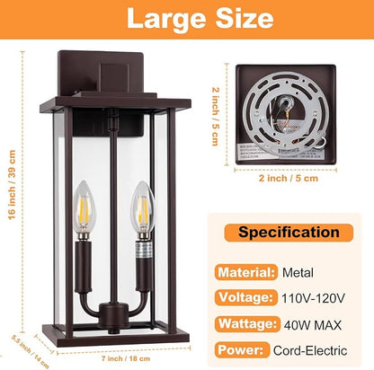 2-Pack 16" Large Outdoor Wall Light Fixtures, 2-Light Exterior Front Porch Light, Brushed Outdoor Sconce Lights, Waterproof Farmhouse Lamp Lighting (Bronze, 16in No Sensor)