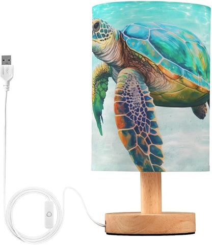Bedside Lamp Sea Turtle Beach Table Lamp for Bedroom LED Nightstand Lamp Shade USB Ports Wood Base for Living Room Dorm Office