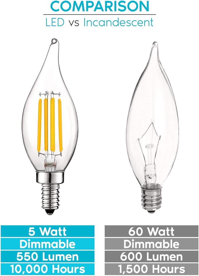 LUXRITE Vintage Candelabra LED Bulb 60W Equivalent, 550 Lumens, 2700K Warm White, LED Chandelier Light Bulbs 5W, Dimmable, Flame Tip Clear Glass, Filament Candle Bulbs, E12 Base (6 Pack)