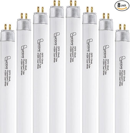 8 Pack 12 Inch F8T5/CW Fluorescent Light Bulb, 4100K Cool White, T5 8 Watts Fluorescent Replacement Bulb for Counter and Cabinet Fixture, G5 Base