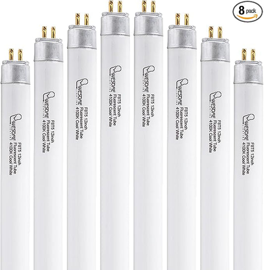 8 Pack 12 Inch F8T5/CW Fluorescent Light Bulb, 4100K Cool White, T5 8 Watts Fluorescent Replacement Bulb for Counter and Cabinet Fixture, G5 Base