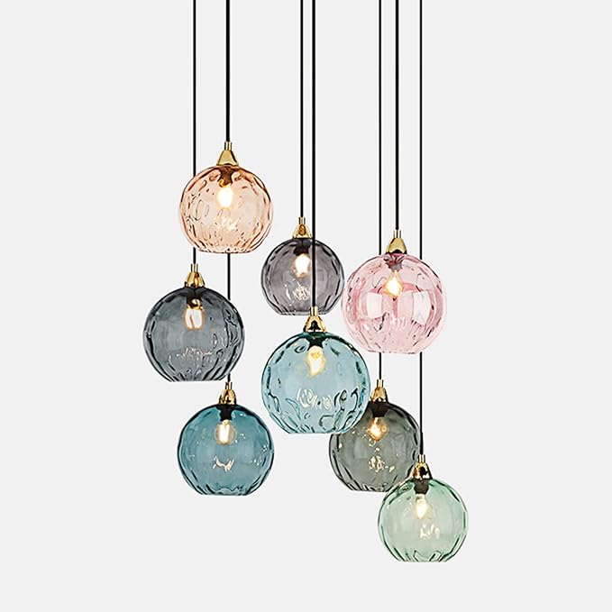 15cm/5.9’’ Industrial Vintage Spherical Glass Pendant Light, E26 Ceiling Hanging Lamp, Gold Finish & Ripple Glass Globe Shade, Dining Room Bedroom Chandelier (Pink)