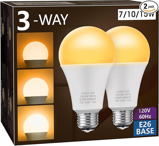 Briignite Amber Light Bulbs, 2 Pack, 3 Way LED Light Bulbs 50 100 150W Equivalent, 1800K Amber Warm Bulbs, Perfect for Reading, Three Way A19 E26 Medium Base