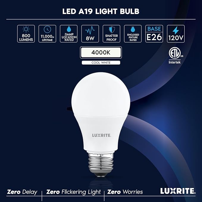 LUXRITE A19 LED Light Bulb 60 Watt Equivalent, Non-Dimmable, 4000K Cool White, 800LM, Standard LED Light Bulbs 8W, E26 Base, Enclosed Fixture Rated, Damp Rated, ETL Listed (48 Pack)