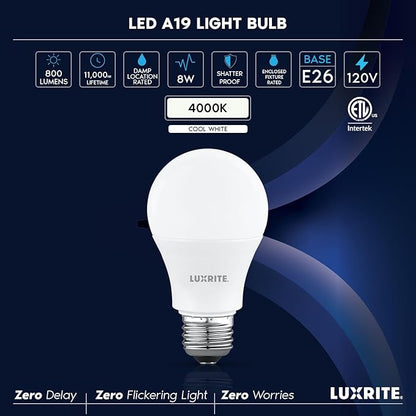 LUXRITE A19 LED Light Bulb 60 Watt Equivalent, Non-Dimmable, 4000K Cool White, 800LM, Standard LED Light Bulbs 8W, E26 Base, Enclosed Fixture Rated, Damp Rated, ETL Listed (48 Pack)