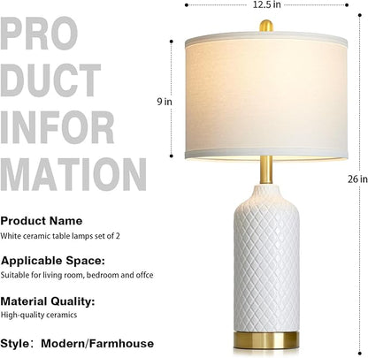 26“ White Ceramic Table Lamps for Living Room, Modern Ceramic Lamps Set of 2, Tall Bedside Lamp for Nightstand, Classic Farmhouse Bedroom Lamp for Desk Side End Table Home Decor