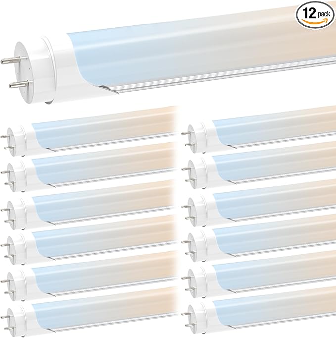 JESLED T8 LED 4FT Tube Lights, Type A+B, 24W, 3200LM, 6CCT 3000K | 3500K | 4000K | 5000K | 6000K | 6500K, Plug and Play or Ballast Bypass, LED Bulbs 4 Foot Replacement, Dual-Ended, Frosted, 12 Pack