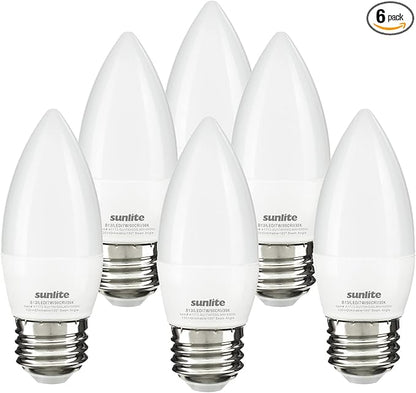 Sunlite LED B13 Torpedo Decorative Chandelier Light Bulb, 7 Watts (60W=), 500 Lmns, 120 Volts, Dimmable, E26 Base, 90 CRI, ETL Listed, Torpedo Frosted, Title-20, 3000K Warm White, 6 Pack