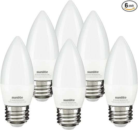 Sunlite LED B13 Torpedo Decorative Chandelier Light Bulb, 7 Watts (60W=), 500 Lmns, 120 Volts, Dimmable, E26 Base, 90 CRI, ETL Listed, Torpedo Frosted, Title-20, 3000K Warm White, 6 Pack