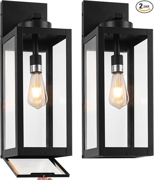 20" Large Outdoor Wall Lights with Closed Bottom - Black Outdoor Light Fixture Porch Lantern Wall Mounted, Waterproof Modern Exterior Wall Sconce Coach Lamps for House, E26, 2 Packs