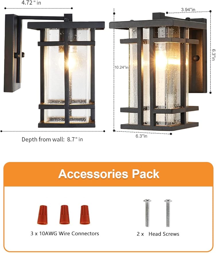 Retro Outdoor Wall Light Small Outside Wall Lamp with Clear Seeded Glass Shade 10"H Exterior Light Fixtures Wall Mount IP65 Waterproof Outdoor Porch House Lighting Exterior Wall Lantern E26,Black