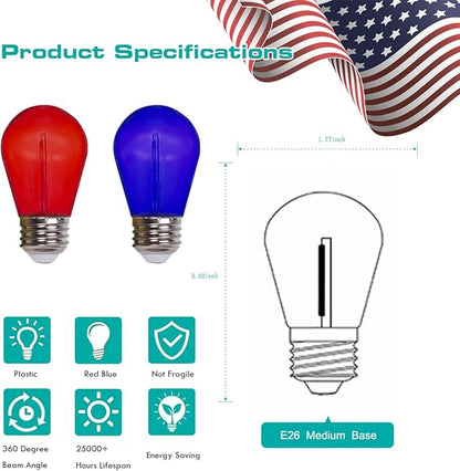 Christmas Replacement Light Bulbs 24-Pack S14 Colored LED String Light Bulbs Replacement, E26 Base 1W Plastic Shatterproof Waterproof, Christmas Light Bulb for Decorations (Red, Blue)