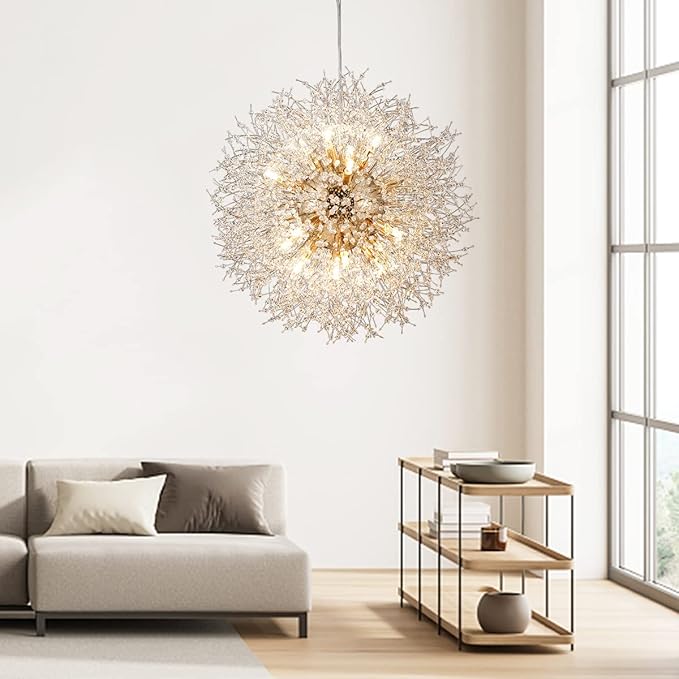 Dandelion Crystal Chandeliers, 16-Light Firework Pendant Light Fixtures in Gold, 80W Modern Crystal Sputnik Hanging Lights for Living Room Bedroom Hallway