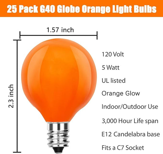 SUNSGNE G40 Orange Incandescent Replacement Light Bulbs, 25 Pack Globe Light Bulbs for E12 Outdoor String Lights, C7/E12 Candelabra Base, 5 Watt, Orange