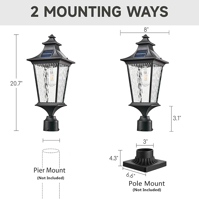 Solar Lamp Post Light Aluminum 20.7 Inch Large Size Outdoor Post Lights Hard Wired with Water Ripple Glass Black Lamp Posts Outdoor Lighting with Remote Control and LED Bulb