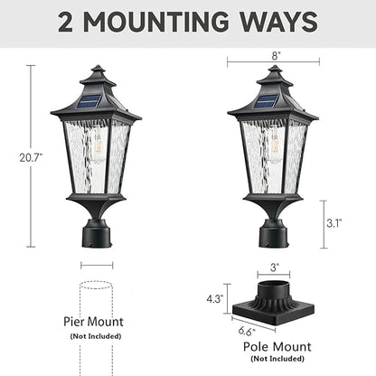 Solar Lamp Post Light Aluminum 20.7 Inch Large Size Outdoor Post Lights Hard Wired with Water Ripple Glass Black Lamp Posts Outdoor Lighting with Remote Control and LED Bulb