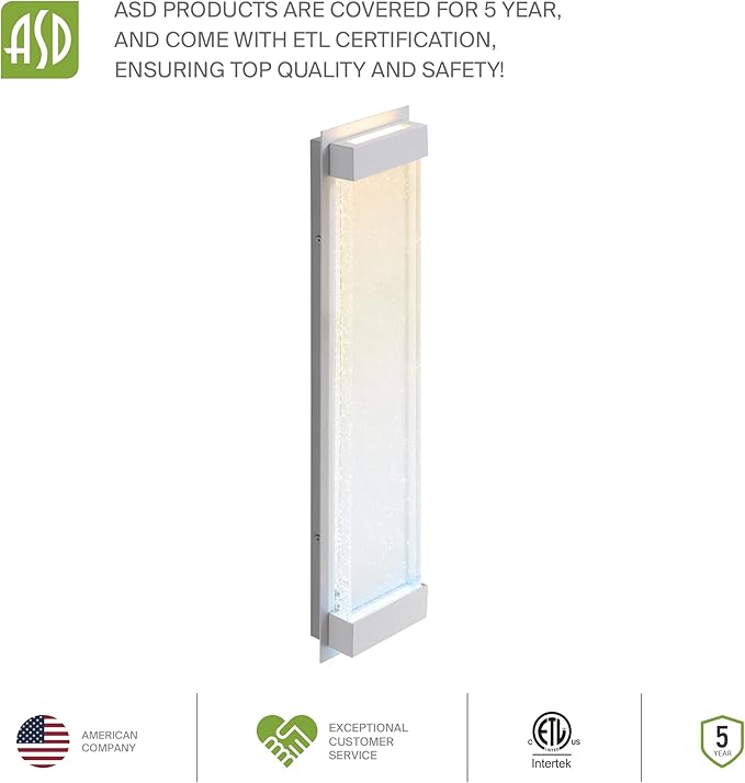 ASD LED 24" Bubble Glass Wall Light Fixture, Outdoor & Indoor Seeded Sconce | 3CCT, Waterproof, Dimmable, Up-Down Glow, ETL Listed | 22W 530LM 3000-5000K 100-277V | Exterior Porch Lighting | White