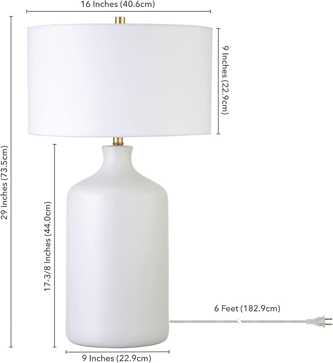 Henn&Hart 29'' Transitional 1-Light Table Lamp with White Fabric Drum Shade for Living Room, Bedroom, or Office, Matte White