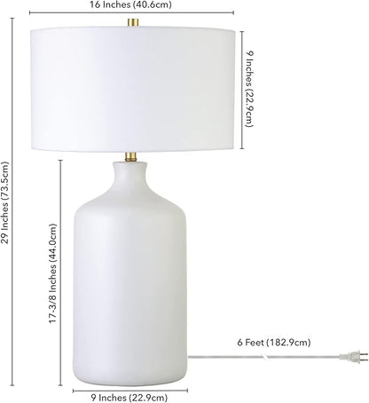 Henn&Hart 29'' Transitional 1-Light Table Lamp with White Fabric Drum Shade for Living Room, Bedroom, or Office, Matte White