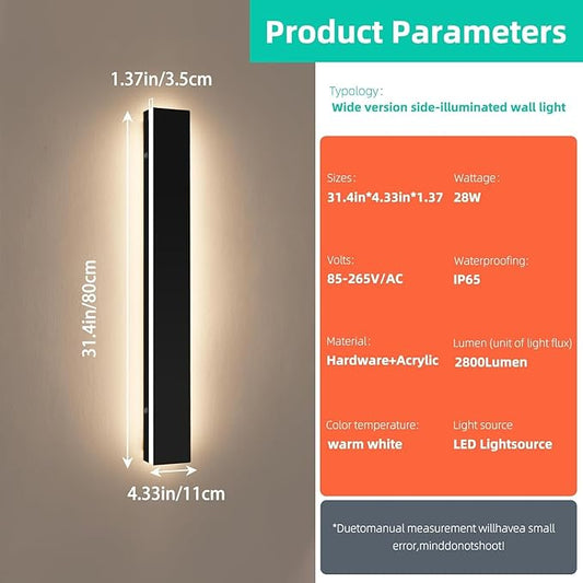 Upgrade Widened 2 Pack Long LED Outdoor Wall Light, 31.4inch Black Modern Wall Sconces, 31W, 3000K Warm White, IP65 Waterproof Front Porch Lighting Fixture for Patio, Garage, Entryway, Fence