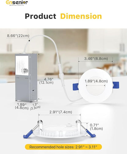 Ensenior 24 Pack 3 Inch LED Recessed Ceiling Light, Dimmable, 2700K-5000K 5CCT, 500LM 6W 120V, High Brightness Dimmable Canless Wafer Downlight - ETL&FCC&IC