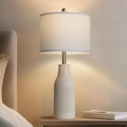 24.5" Modern Ceramic Table Lamp for Nightstand, Farmhouse Bedside Lamp for Bedroom, Small Table Lamp for Living Room End Table, Beige (1 Pack)