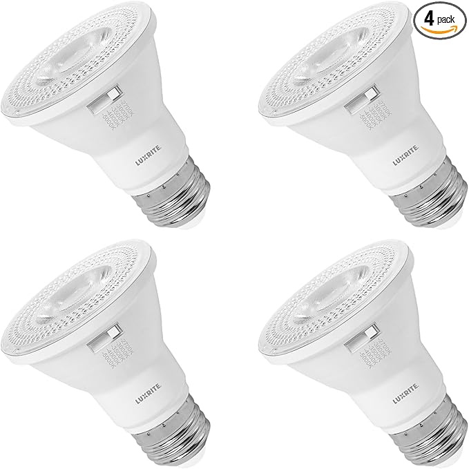 LUXRITE PAR20 LED Flood Light Bulb, 50W Equivalent, 5 Color Selectable 2700K-5000K, 550 Lumens, 7W, Dimmable LED Spotlight Bulb, Damp Rated, ETL Listed, E26 Base - Indoor Outdoor (4 Pack)