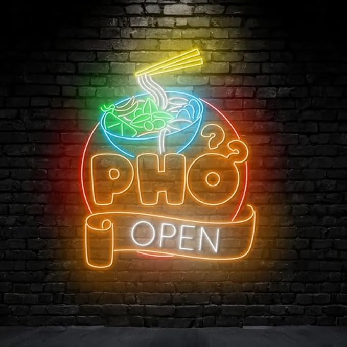 Open Pho Neon Sign, 25"Pho Bowl Led Neon Light, Vietnam Pho Food Neon Kitchen Wall Art, Vietnamese Restaurant Wall Décor