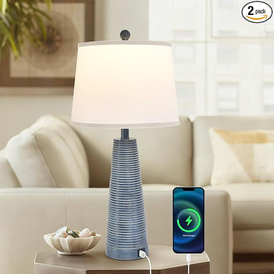 Terpsichore Nightstand Lamp Bedside Lamps Vintage Rustic Farmhouse Table Lamp 3 Way Dimmable Horizontal Stripe Light,for Living Room Bedroom,USB A+C (Navy Blue (Single-Pack), High 27 Inch)