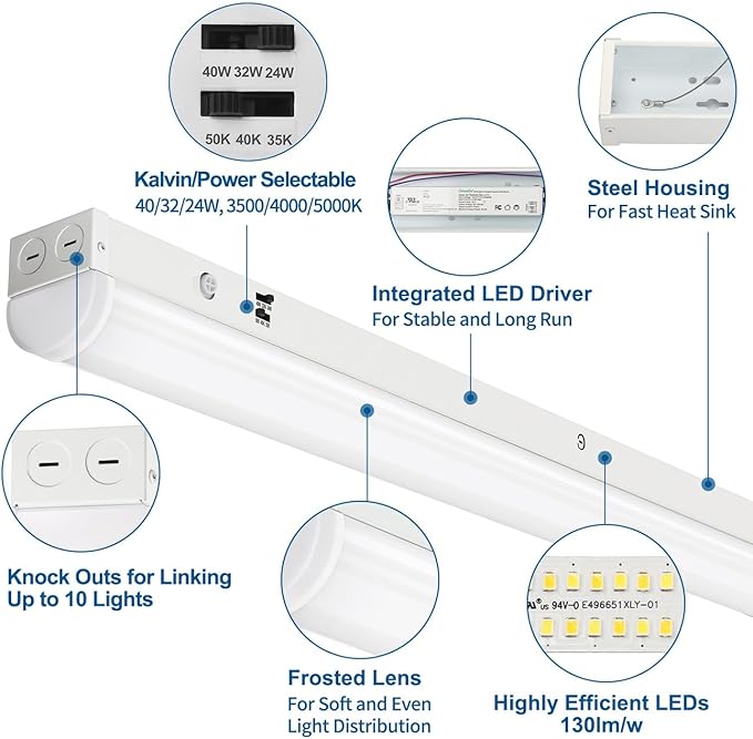 DAKASON 4FT LED Linear Light Fixture, 4 Foot LED Shop Lights 40/32/24W 35/40/5000K CCT Selectable, 4Feet Commercial Bay Lighting Fluorescent Tube Replacement for Office Garage 4 Pack