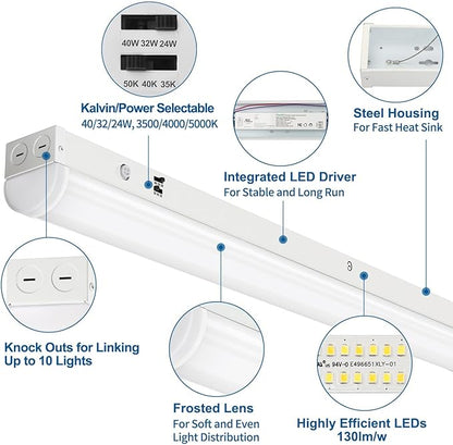 DAKASON 4FT LED Linear Light Fixture, 4 Foot LED Shop Lights 40/32/24W 35/40/5000K CCT Selectable, 4Feet Commercial Bay Lighting Fluorescent Tube Replacement for Office Garage 4 Pack