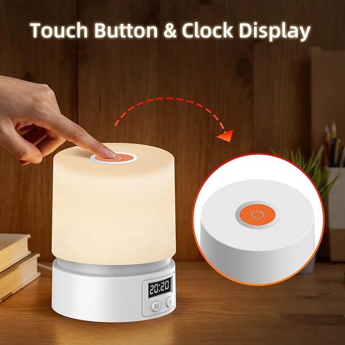 Nursery Night Light with Clock for Kids, Touch Lamp Bedside Desk Lamp, Portable Breastfeeding Night Lamp for Baby, 3 Color Stepless Dimming Up for Restaurant,Bedroom,Rechargeable (White)