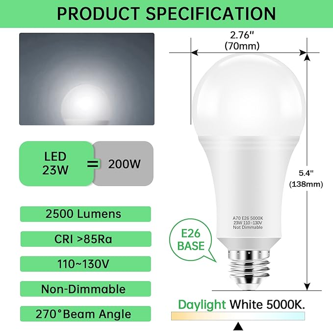 KINDEEP 150W-200W Equivalent LED Light Bulbs, A21 23W Super Bright Light Bulb 5000K Daylight White 2500 Lumens, Non-Dim E26 Energy Saving Bulb for Home, Office, Store, Garage, Warehouse 12-Pack