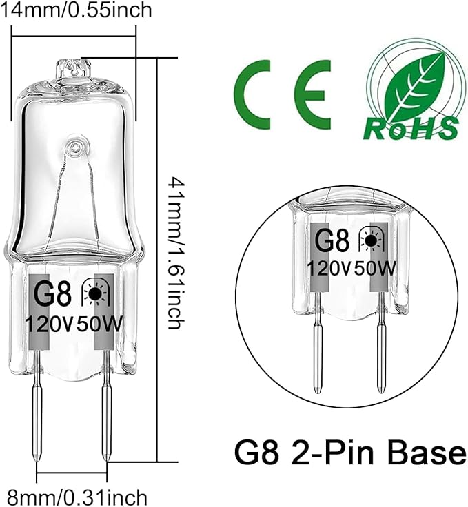 JCD G8 Halogen Light Bulb 50W 120V T4 Bi-Pin Base Dimmable - Warm White 2700K (12 Pack) for Kitchen Hood, Landscape, Desk & Floor Lamps, Wall Sconces