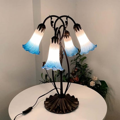 Bieye L10854 Lily Flower Blown Glass Accent Table Lamp for Living Room Bedroom Decoration (4-Light, Blue)