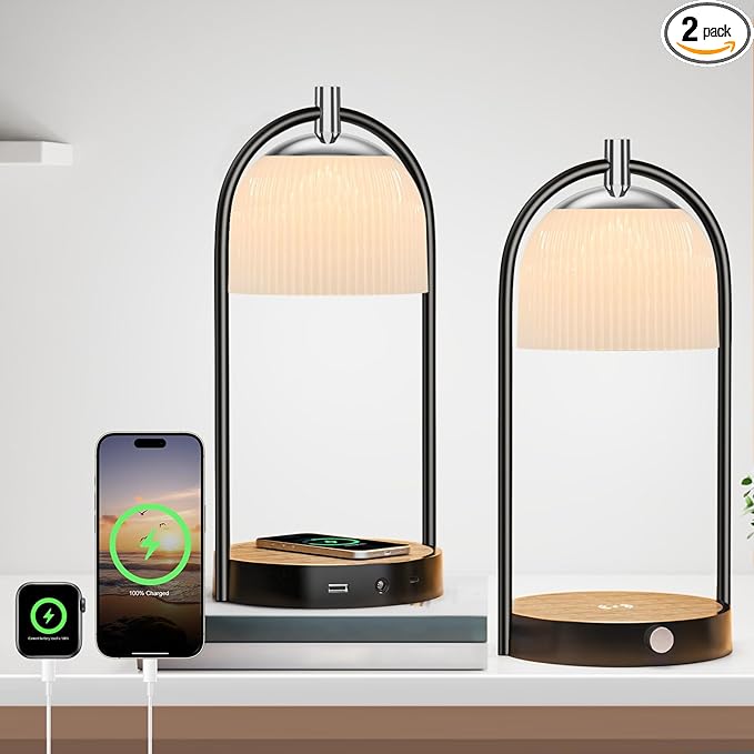 Koopala 15W Wireless Charging Bedside LED Table Lamps Set of 2, Modern Small Nightstand Lights with Type-C&USB-Port, Dimmable Night Desk Lamp for Reading Bedroom Dinner Living Room Home Office-Black