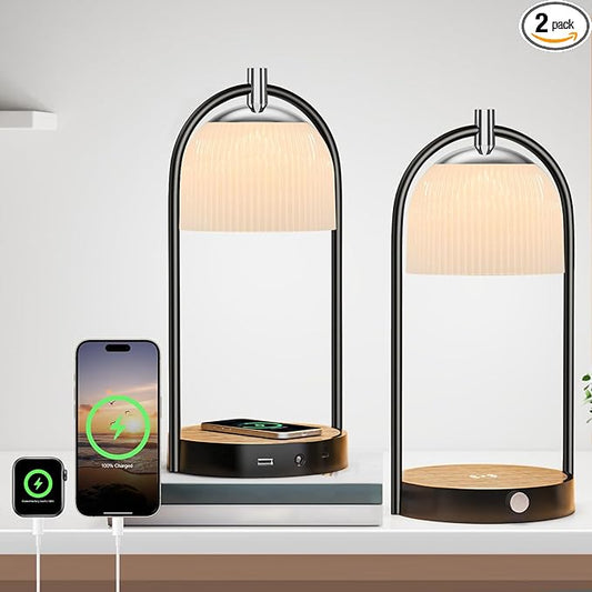Koopala 15W Wireless Charging Bedside LED Table Lamps Set of 2, Modern Small Nightstand Lights with Type-C&USB-Port, Dimmable Night Desk Lamp for Reading Bedroom Dinner Living Room Home Office-Black