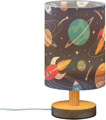 Bedside Lamp Space Cute Rockets Planets Table Lamp for Bedroom LED Nightstand Lamp Shade USB Ports Wood Base for Living Room Dorm Office