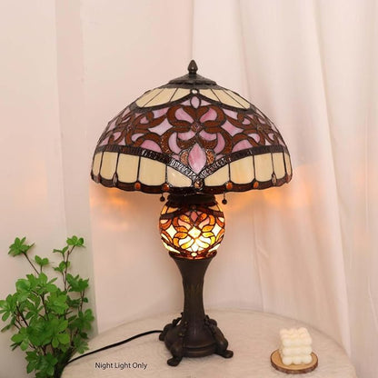 Bieye L10912 Baroque Tiffany Style Stained Glass Table Lamp Lighted Base for Living Room Bedside Home Decoration (Pink, 16-inch)