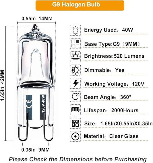 T4 JD Halogen Bulbs - 10 Pack, 40W, 120V, G9 Base, Dimmable, Warm White, 520LM, CRI100, Long Lasting, for Cabinet Lights