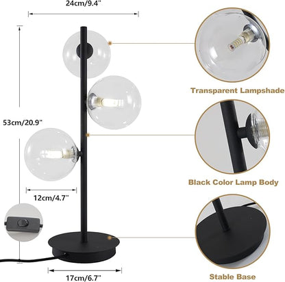 3-Light Black Table Lamp, Mid Century Nightstand Lamp with Clear Glass Globe Shade, Contemporary Bedside Lamp for Bedroom Living Room Study Room