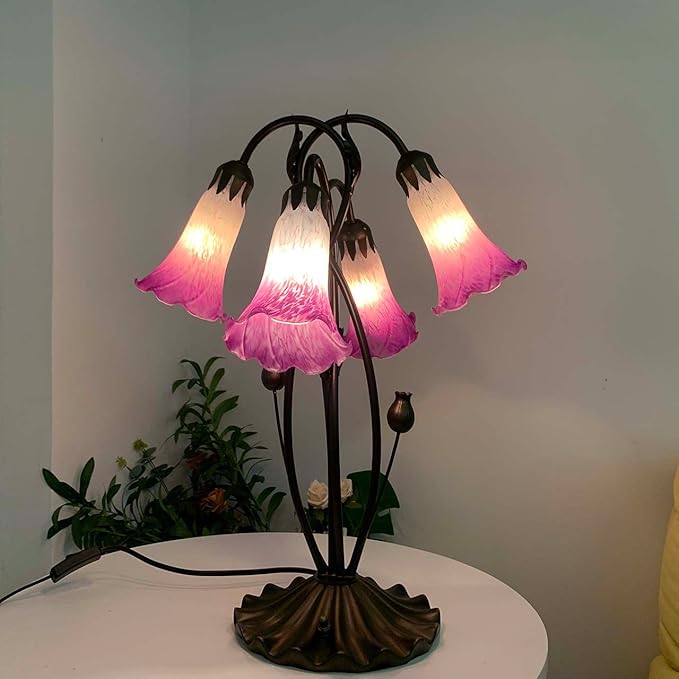 Bieye L10848 Lily Flower Blown Glass Accent Table Lamp for Living Room Bedroom Decoration (4-Light, Pink)