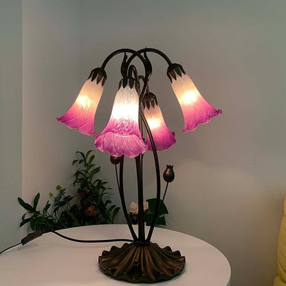 Bieye L10848 Lily Flower Blown Glass Accent Table Lamp for Living Room Bedroom Decoration (4-Light, Pink)