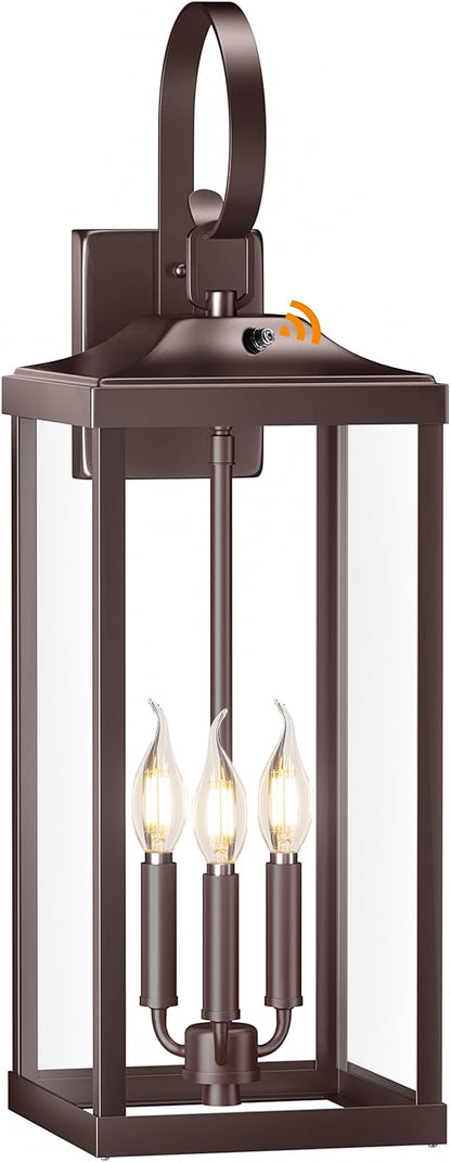 24" Extra Large Dusk to Dawn Outdoor Wall Light, Oil Rubbed Bronze 3-Light Waterproof Exterior Wall Mount Porch Lantern, Modern Outside Wall Sconce Coach Light Brown, E12, 1-Pack