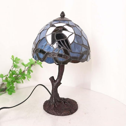 Bieye S12010 Raven Sitting on Bare Tree Tranch Against Full Moon Tiffany Style Stained Glass Lampshade (Dark Blue, 8Wx5.5H)