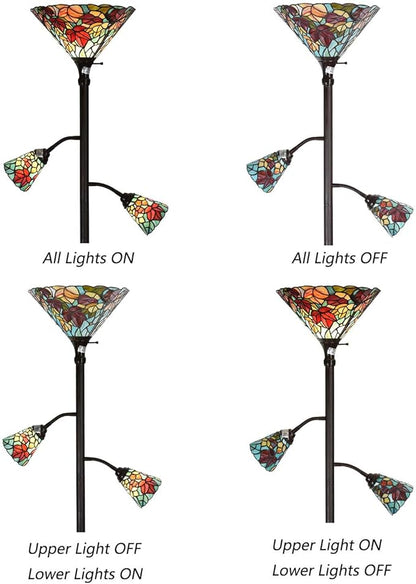 Bieye L10884 Maple Tree Leaves Tiffany Style Stained Glass Torchiere Floor Lamp with Sidelights for Reading Home Decor, 70-inches Tall (Maple Leaf, Red)